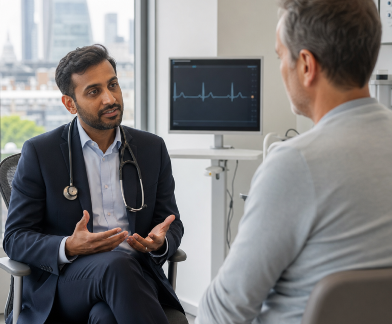 Cardiologist discussing chest pain assessment with a patient in a clinic