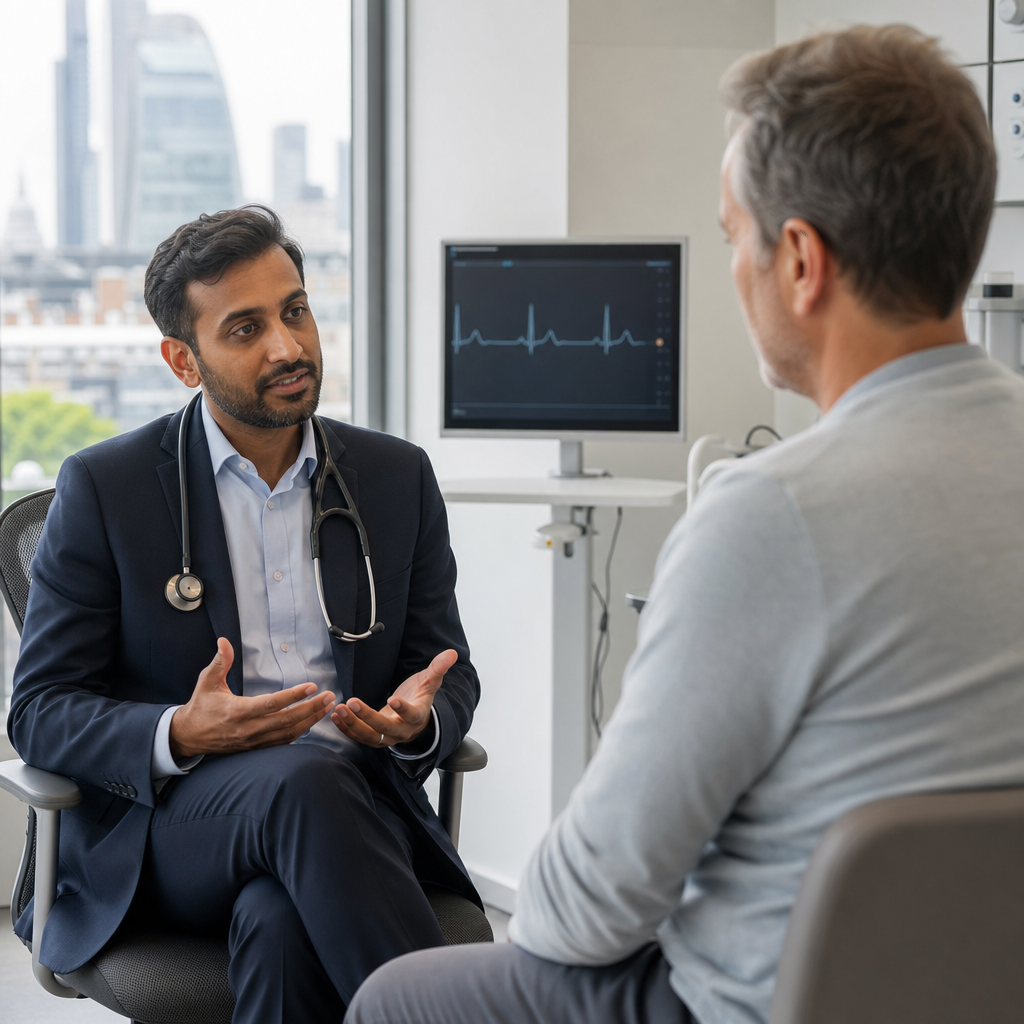 Cardiologist discussing chest pain assessment with a patient in a clinic