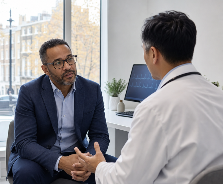Cardiologist discussing heart palpitations with a patient in a clinic