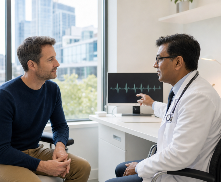 Cardiologist discussing heart rhythm symptoms with a patient in a London clinic