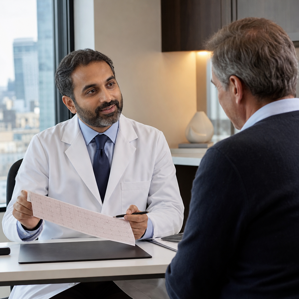 Cardiologist discussing heart test results with a patient during a consultation