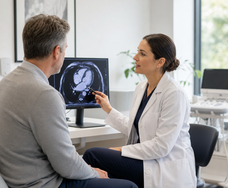 Cardiologist discussing heart scan results with a patient
