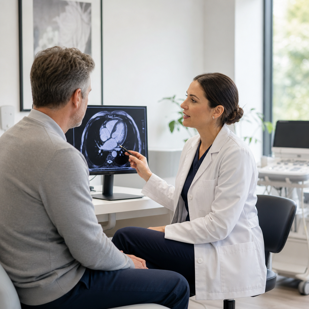 Cardiologist discussing heart scan results with a patient