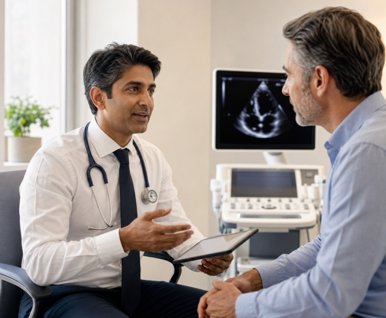 Cardiologist discussing heart test results with a patient in a consultation room