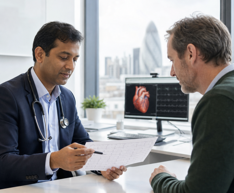 Cardiologist discussing heart test results with a patient in a London clinic