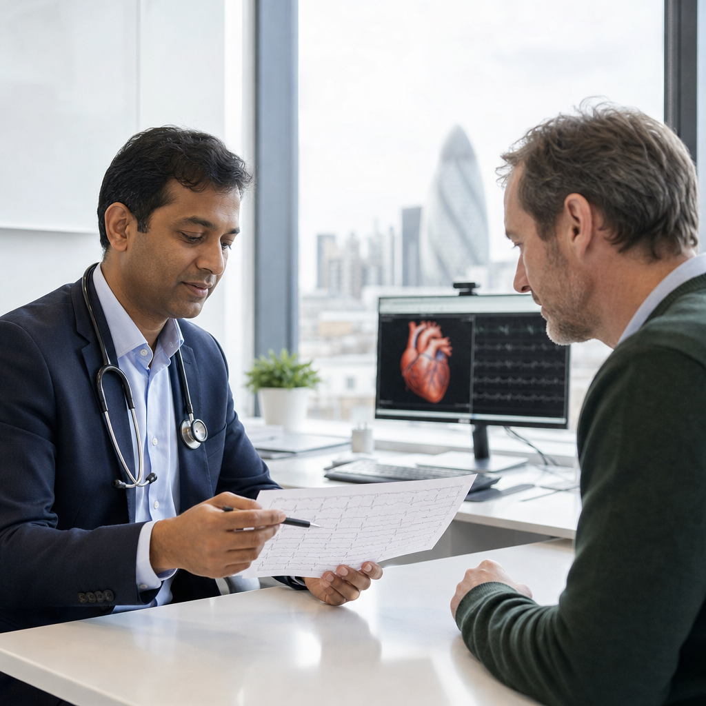 Cardiologist discussing heart test results with a patient in a London clinic