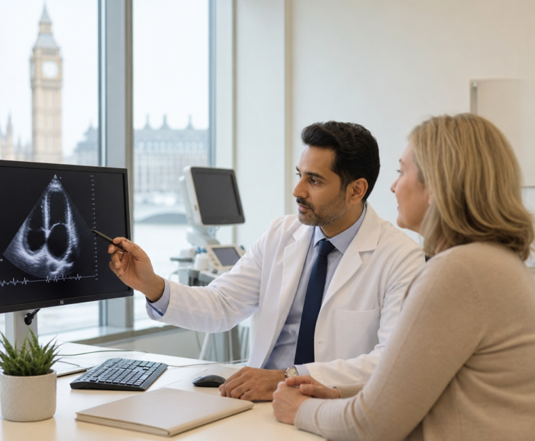 Cardiologist reviewing a heart ultrasound image with a patient in a clinic