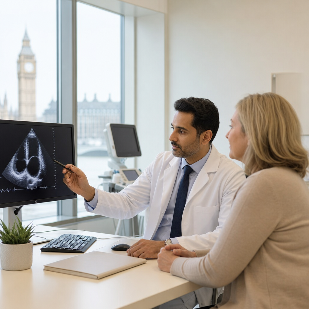 Cardiologist reviewing a heart ultrasound image with a patient in a clinic