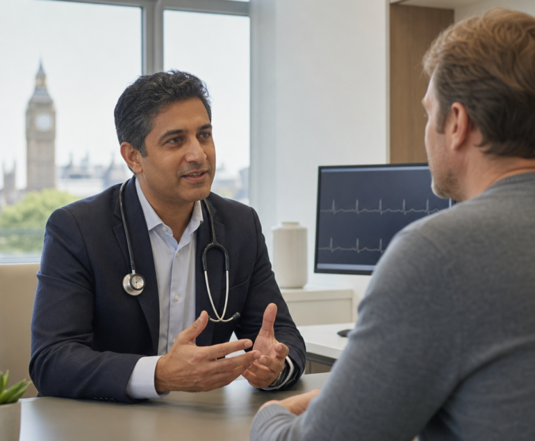 Cardiologist discussing chest pain symptoms with a patient in a consultation room