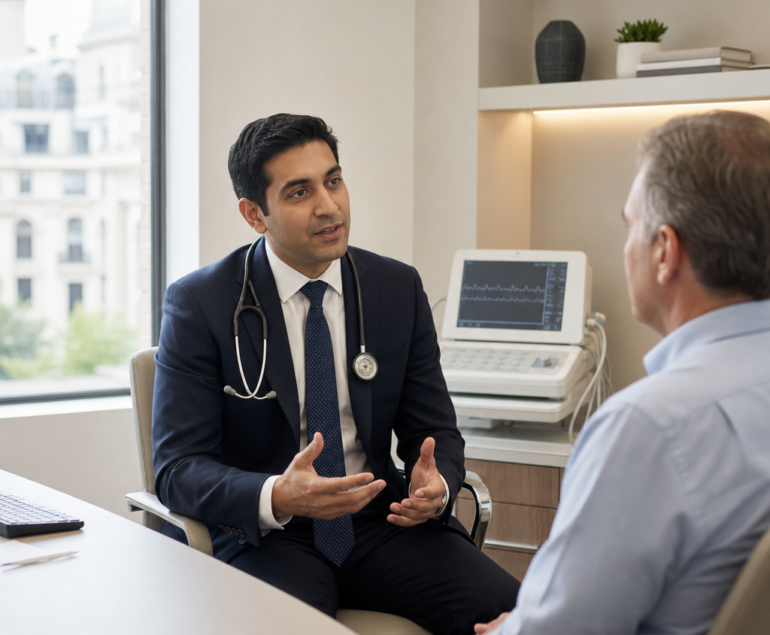 Cardiologist discussing heart health with a patient in a private consultation room
