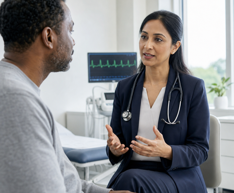 Cardiologist discussing heart palpitations with a patient during a consultation