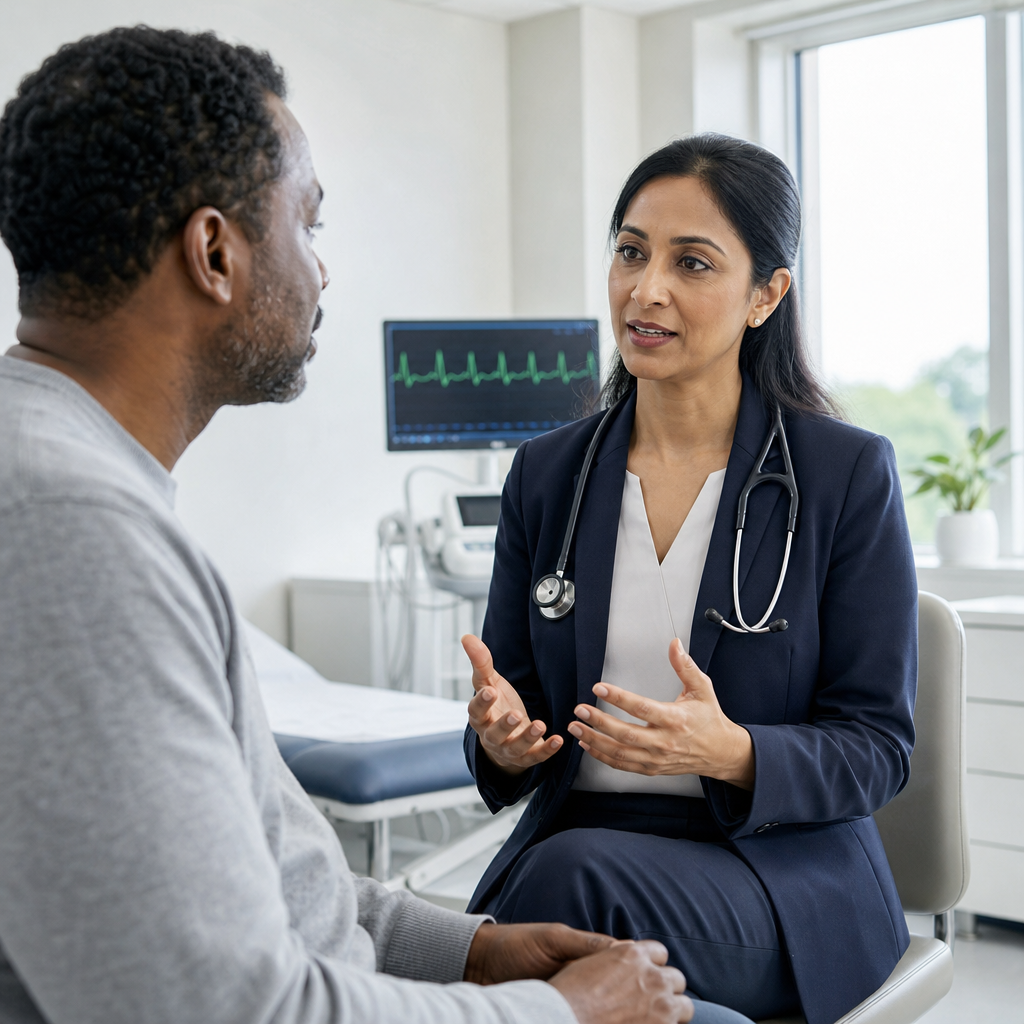 Cardiologist discussing heart palpitations with a patient during a consultation