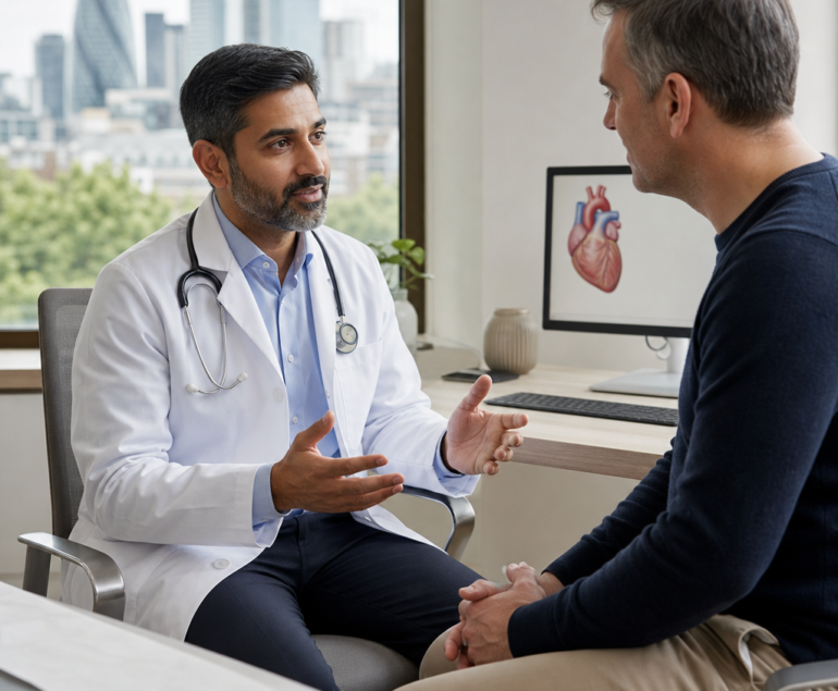 Cardiologist discussing heart health with a patient in a London clinic