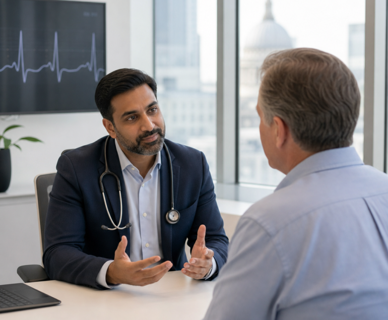 Cardiologist discussing heart health with a patient in a London clinic