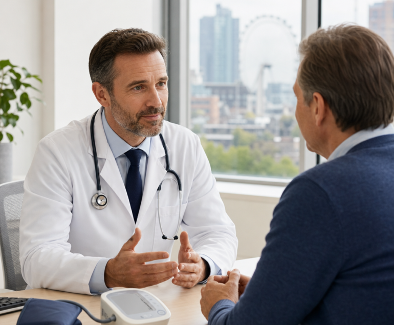 Cardiologist discussing heart health with a patient in a London clinic