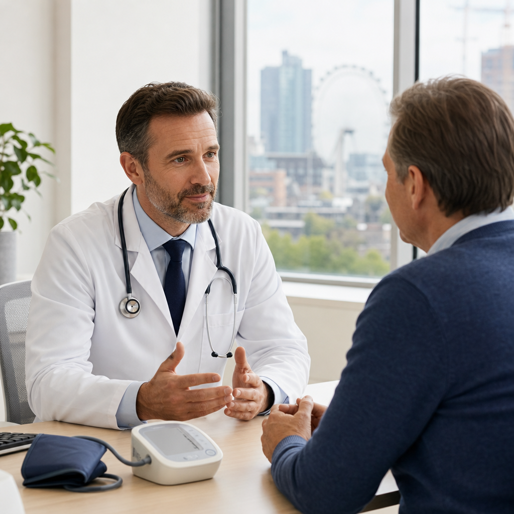 Cardiologist discussing heart health with a patient in a London clinic