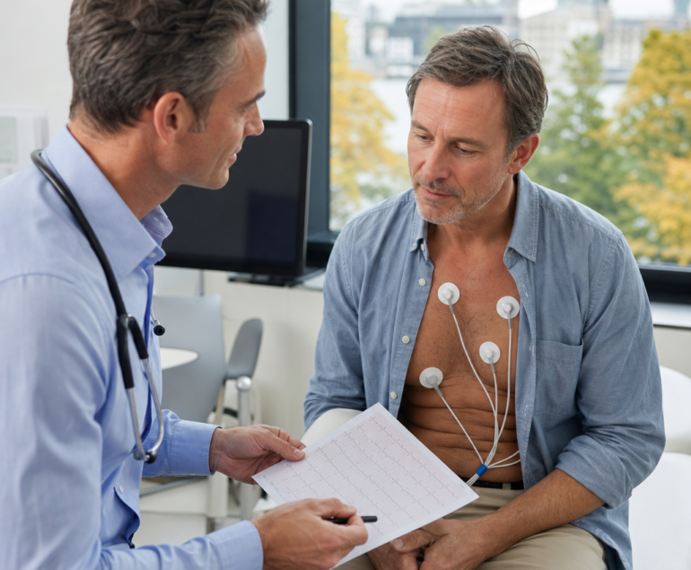 Cardiologist discussing a non-invasive heart assessment with a patient