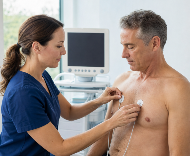 Clinician preparing skin electrodes for non-invasive heart monitoring