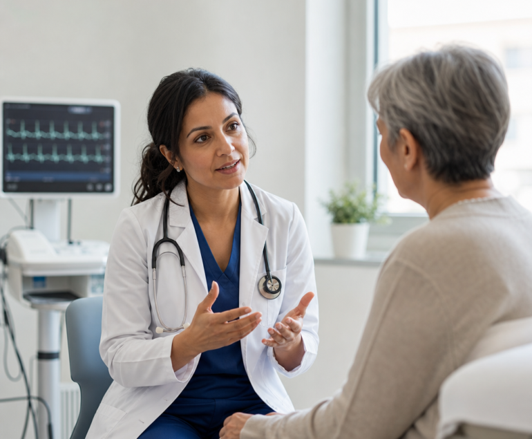 Cardiologist discussing a heart check-up with a patient in a consultation room