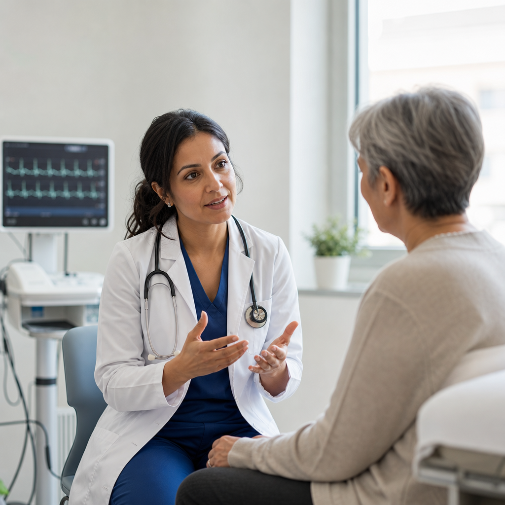 Cardiologist discussing a heart check-up with a patient in a consultation room