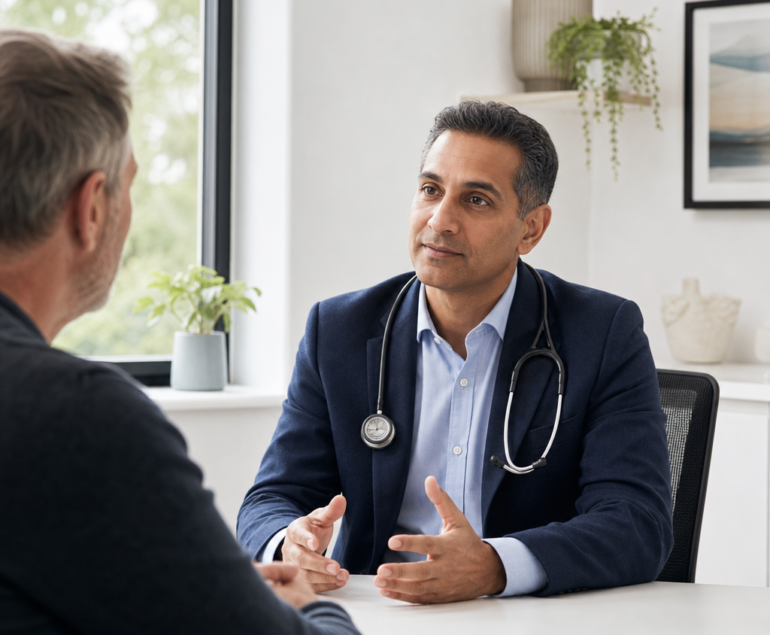 Cardiologist speaking with a patient during a heart health consultation