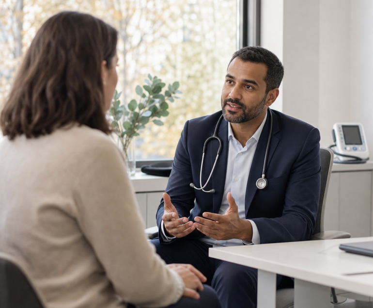 Cardiologist discussing heart health with a patient in a modern consultation room