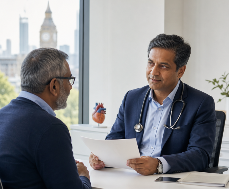 Patient discussing heart symptoms with a cardiologist in a consultation room