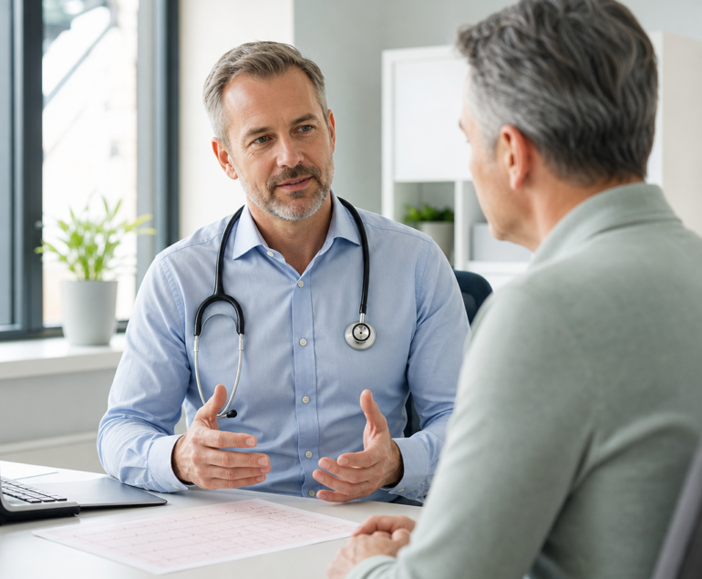 Cardiologist discussing heart health with a patient in a consultation room