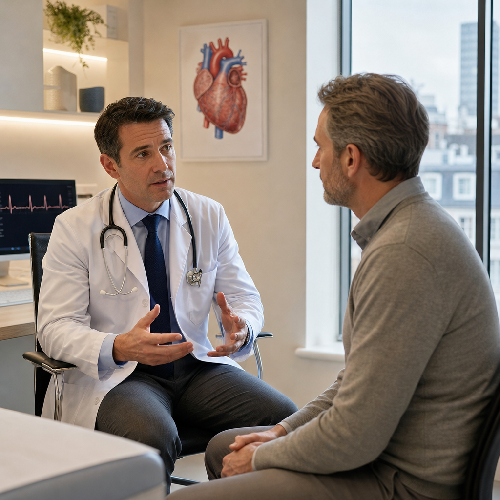 Cardiologist discussing heart care costs with a patient in a consultation room