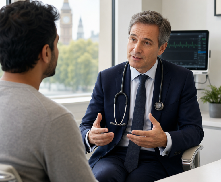 Cardiologist discussing heart health with a patient in a London clinic