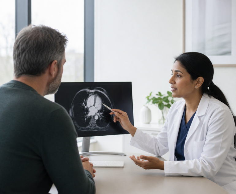 Cardiologist discussing heart test results with a patient