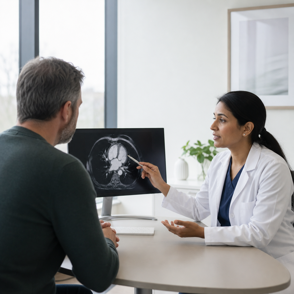 Cardiologist discussing heart test results with a patient