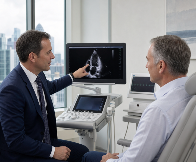 Cardiologist reviewing a heart scan with a patient in a London clinic