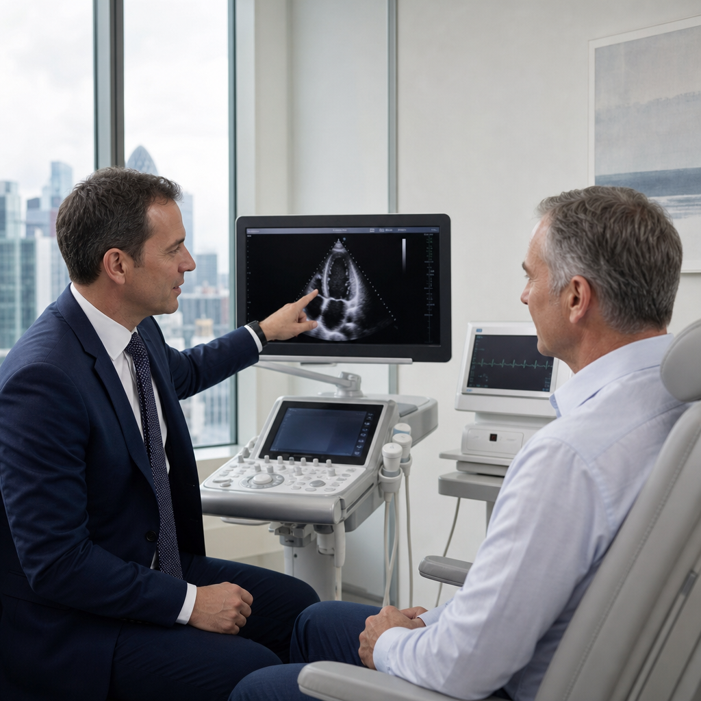 Cardiologist reviewing a heart scan with a patient in a London clinic