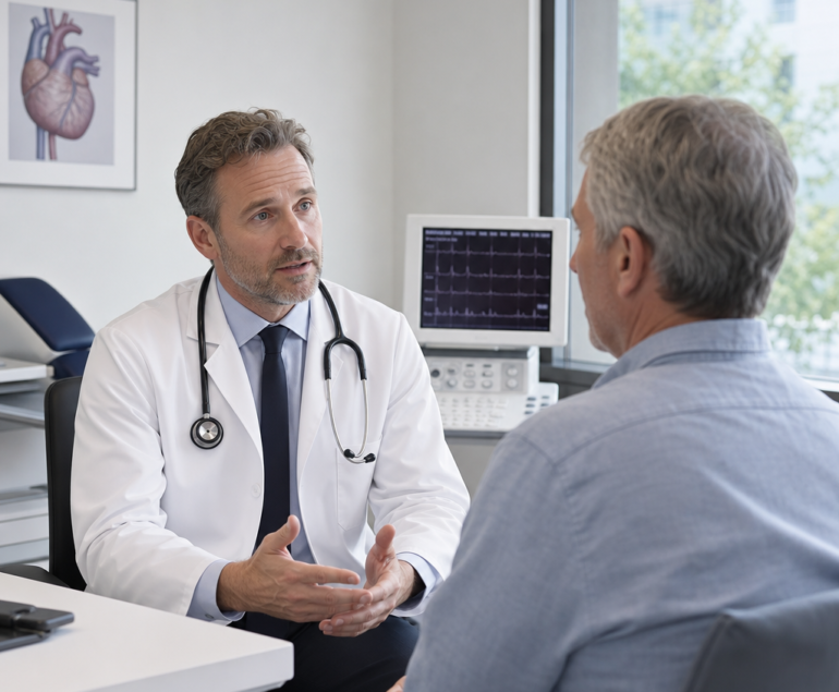Cardiologist speaking with a patient in a modern consultation room