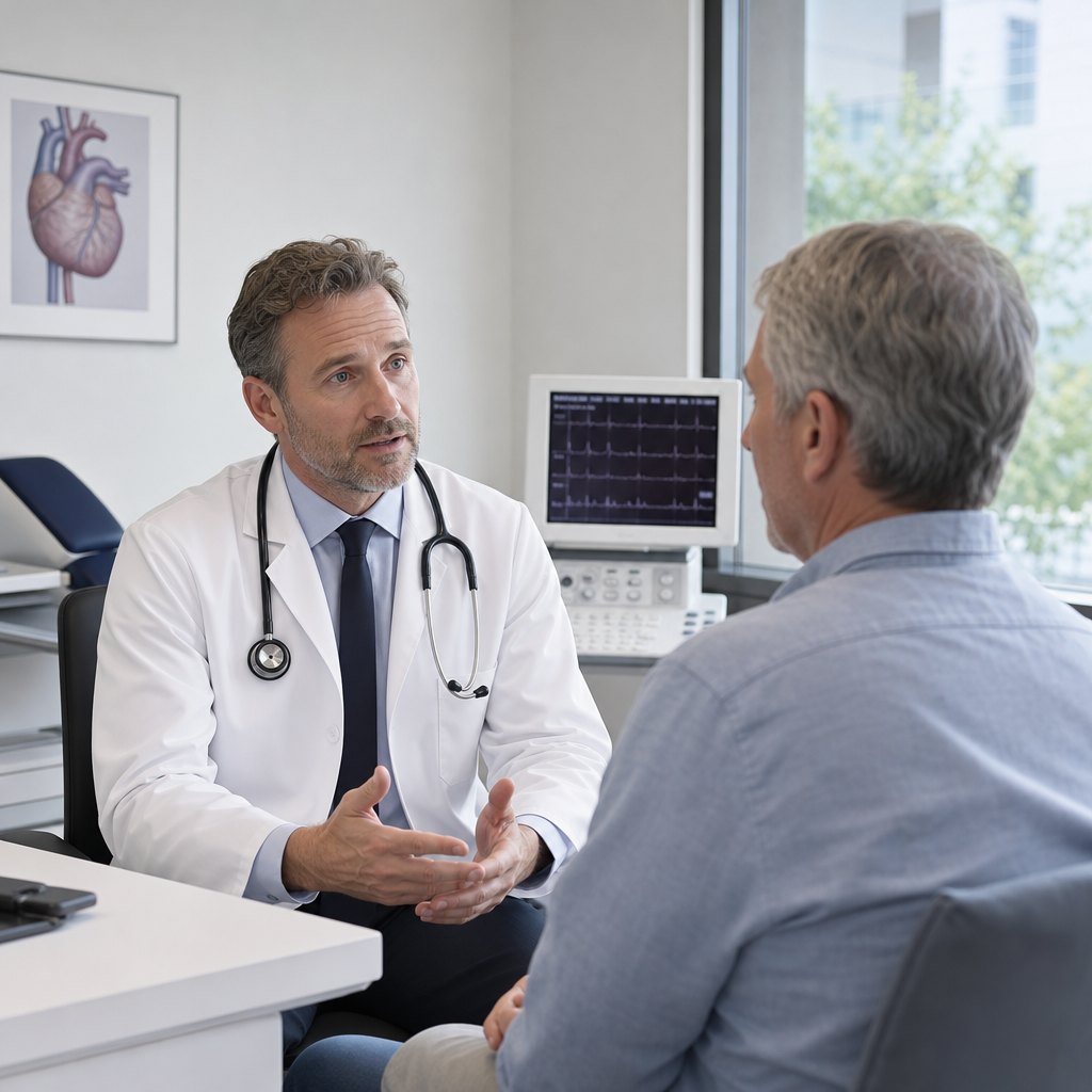 Cardiologist speaking with a patient in a modern consultation room