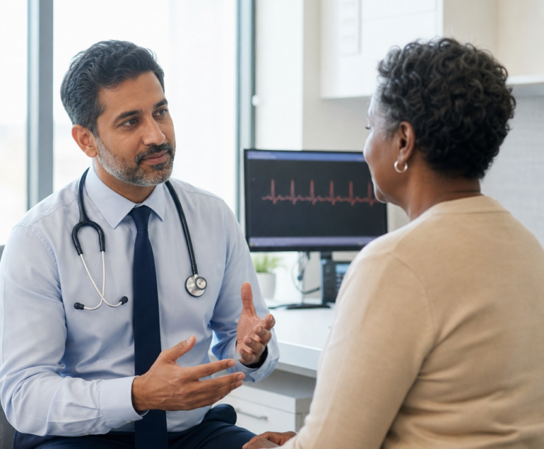 Patient discussing heart palpitations with a cardiologist in a clinic