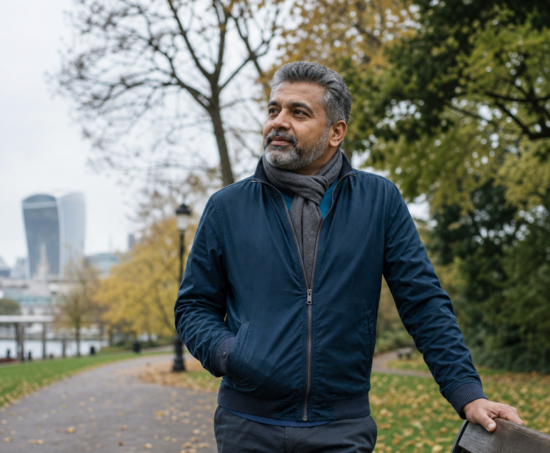 Adult pausing during an autumn walk in London