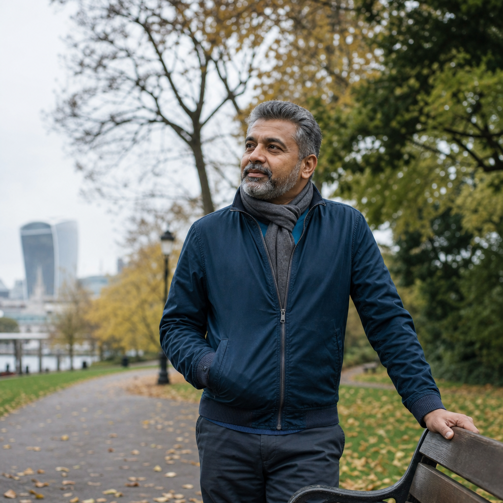 Adult pausing during an autumn walk in London