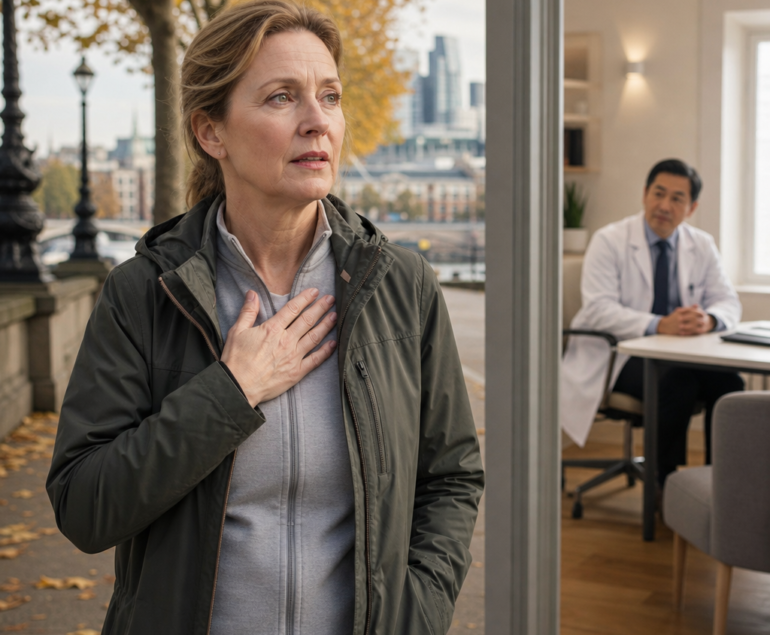 Woman pausing during an autumn walk as she experiences breathlessness