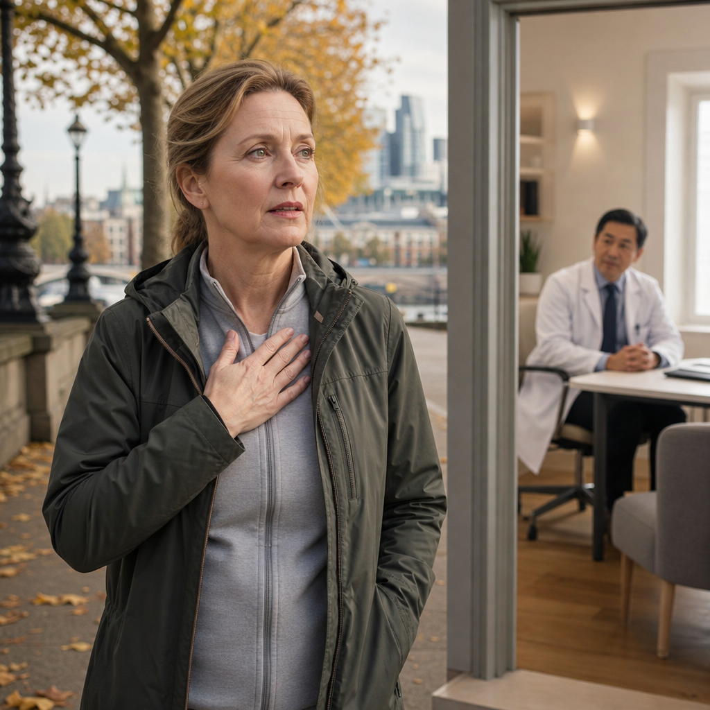 Woman pausing during an autumn walk as she experiences breathlessness