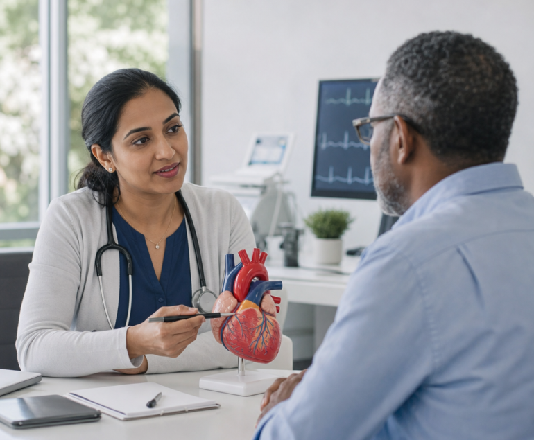 Cardiologist discussing a heart assessment with a patient during a consultation