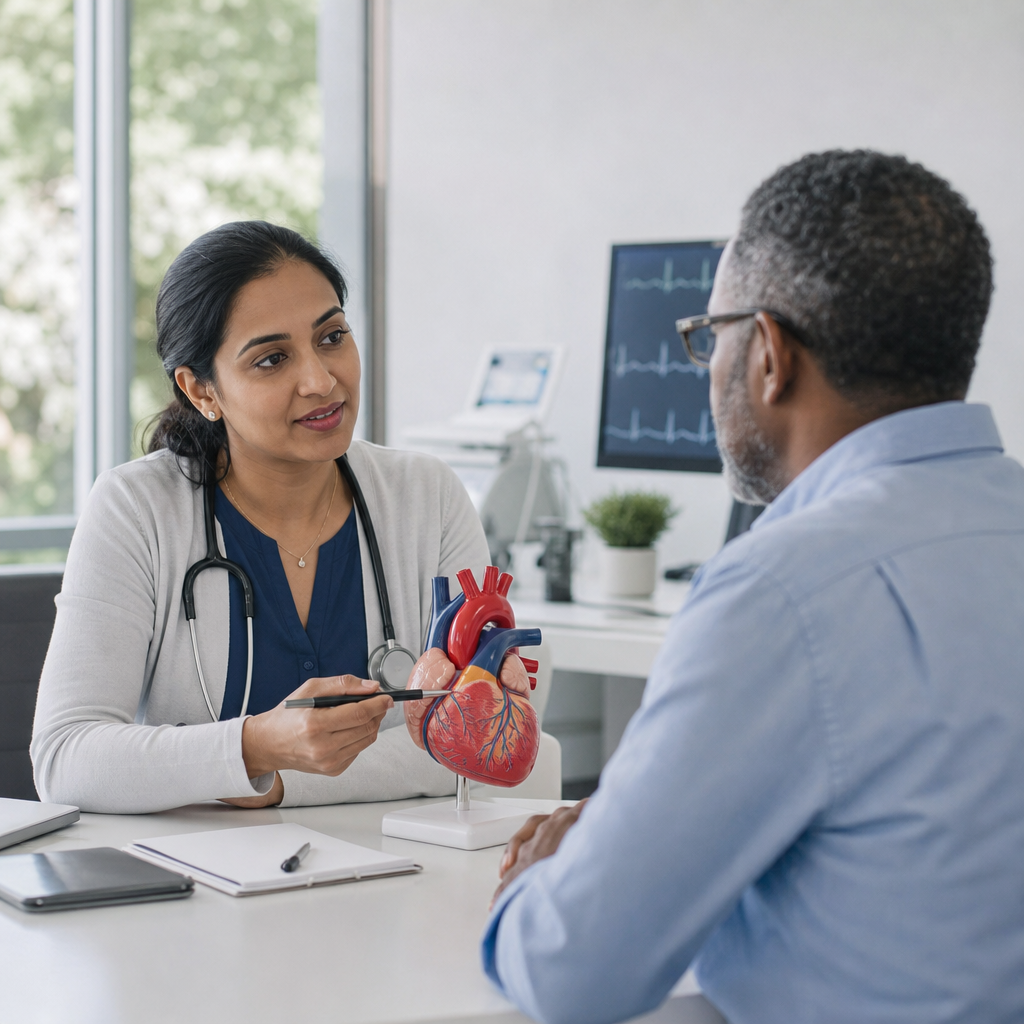 Cardiologist discussing a heart assessment with a patient during a consultation