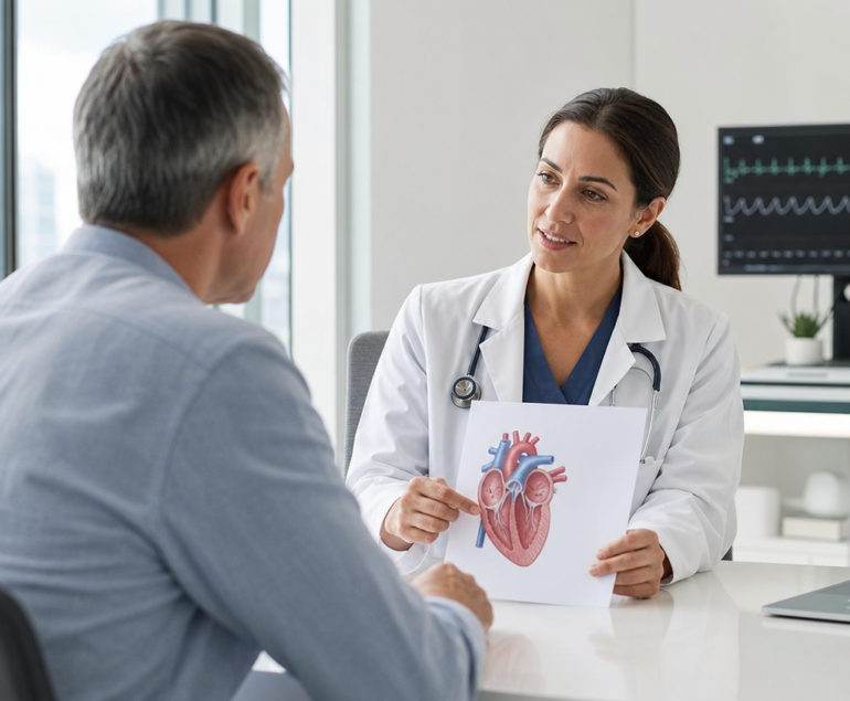 Cardiologist discussing chest pain tests with a patient in a clinic