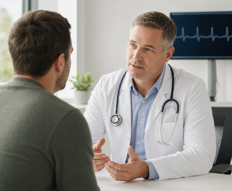 Cardiologist discussing heart symptoms with a patient in a clinic