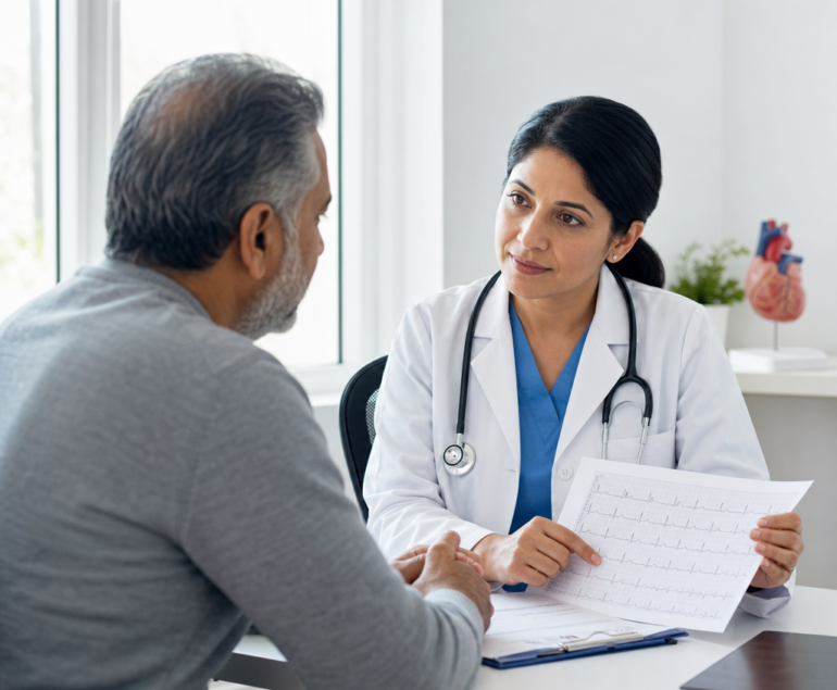 Cardiologist discussing heart symptoms and an ECG with a patient