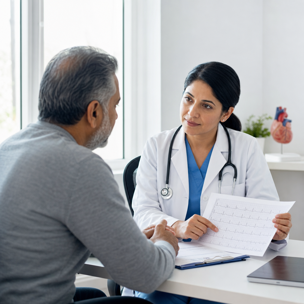 Cardiologist discussing heart symptoms and an ECG with a patient