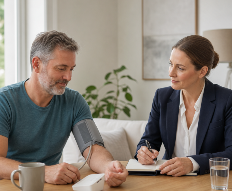 Cardiology clinician discussing a home blood pressure record with a patient
