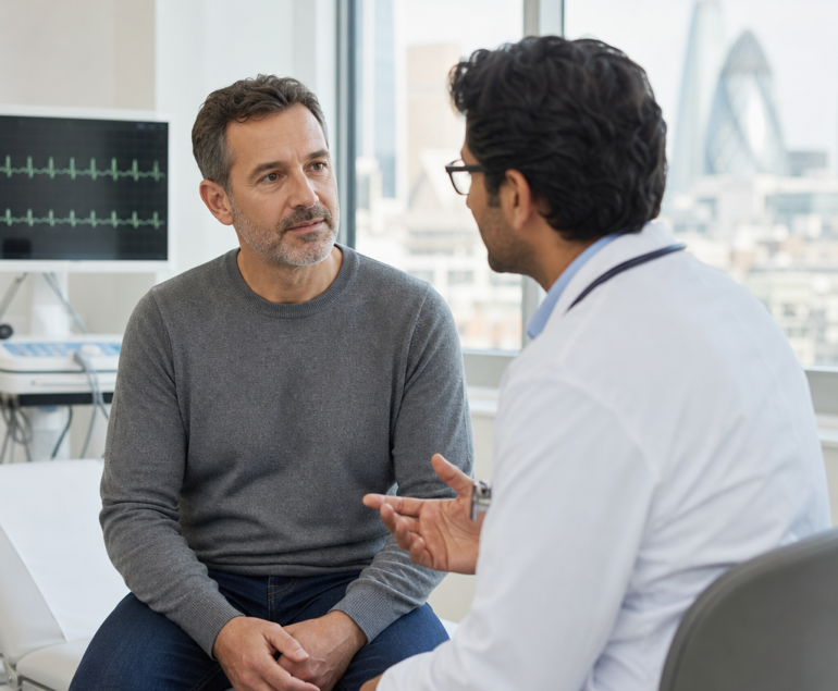 Patient discussing heart palpitations with a cardiologist in a clinic