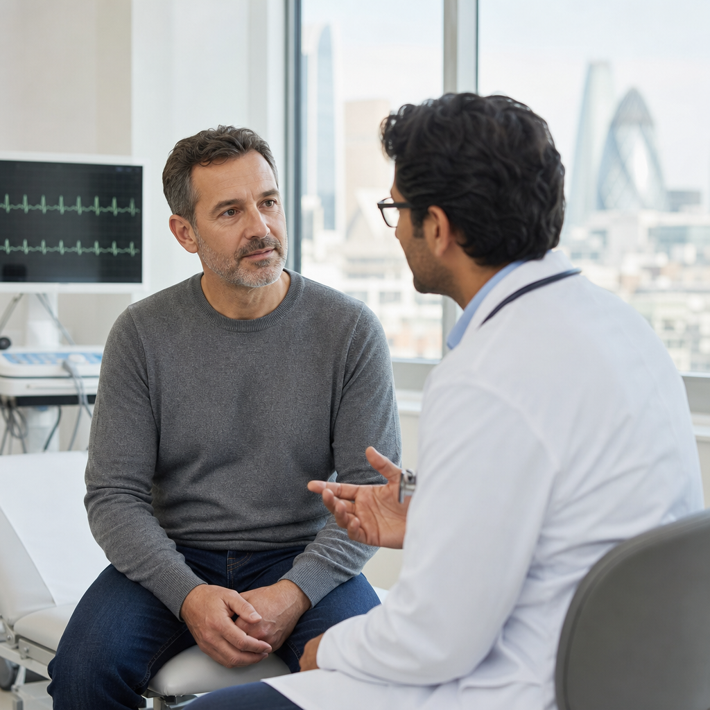 Patient discussing heart palpitations with a cardiologist in a clinic